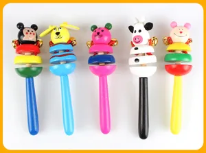 Wooden baby rattle toy set, colorful cartoon animal design, early educational infant grasping toy.