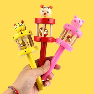Wooden Baby Rattle Toy Infant Early Education Cartoon Animal Grip Toy with Metal Bell