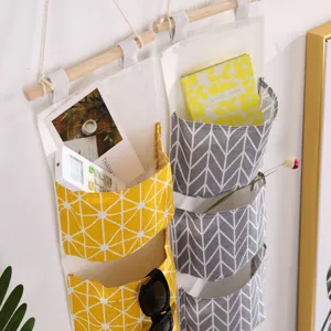 Borsa portaoggetti da appendere in tessuto a 3 strati, lino di cotone, organizer da porta per casa.