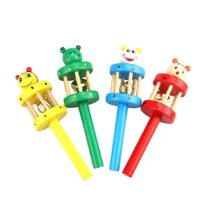 Wooden baby rattle toy with cartoon animal design and bell inside for infants and toddlers.