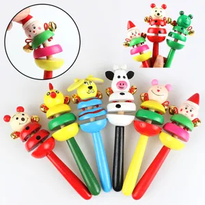 Cartoon wooden animal rattle toy, colorful baby hand grip bell, multi-animal style wholesale.