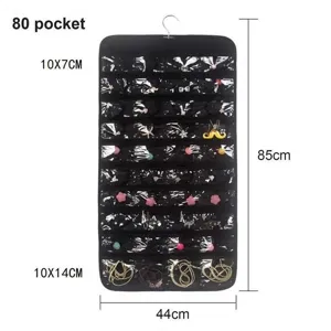 Black double sided jewelry hanging organizer with 80 clear pockets for door closet