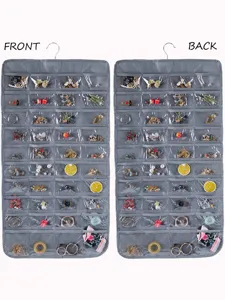 Double-sided hanging jewelry organizer with clear PVC pockets for earrings and necklaces.