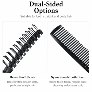 Détail de peigne à cheveux double face avec dents fines et poils en nylon pour le coiffure quotidien.