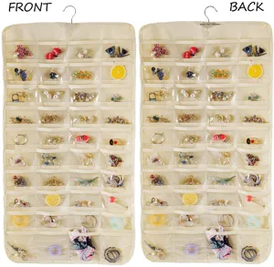 Double-sided jewelry hanging organizer featuring clear pockets and durable non-woven fabric.