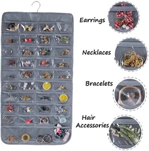 Double-sided jewelry hanging organizer transparent pockets detail view for earrings necklaces