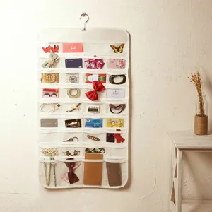 Detail view of double-sided hanging jewelry organizer with clear pockets for necklaces and earrings.
