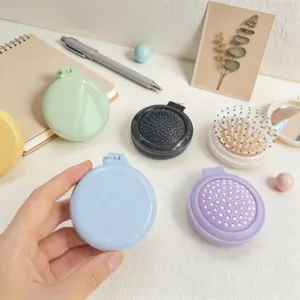 Mini folding hairbrush with mirror candy color portable travel compact massage comb for use