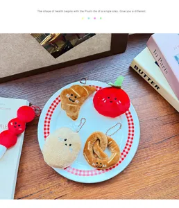 Cute food plush keychains set, soft plushie bag charms for backpack and keys decor.