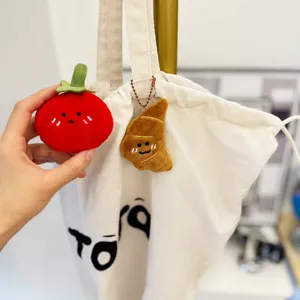 Cute cartoon food plush doll bag pendant, soft stuffed tomato and croissant keychain.