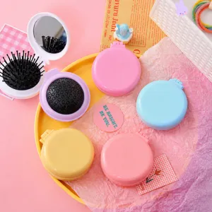 Mini portable folding hairbrush with mirror macaron color travel compact massage hair comb