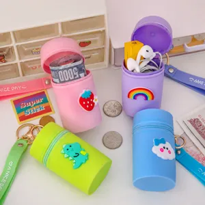 Cute student mini portable silicone coin purse earphone storage bag with keychain.
