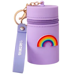 Purple silicone mini bucket coin purse keychain cute headphone storage bag with rainbow decor.