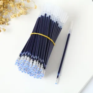 Close-up detail of blue gel pen refills with transparent tubes and fine tips for smooth writing.