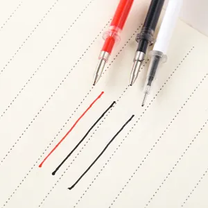 Gel pen refills detail showing black and red ink lines with fine tips on lined paper.