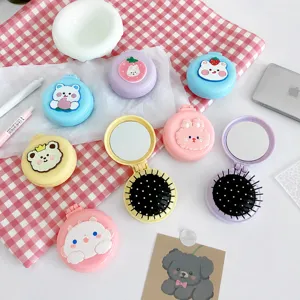 Mini Pettine Pieghevole Portatile con Cuscinetto d'Aria Simpatico Animale Cartone Animato Rotondo Spazzola per Capelli con Specchio Trucco