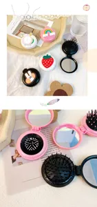 Cute portable folding hairbrush with makeup mirror, compact pocket size cushion comb for girls.
