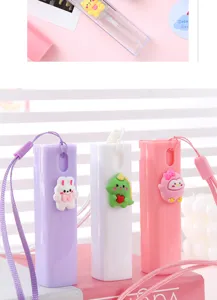 Dettaglio flacone spray mini portatile con graziosi ciondoli di cartoni animati e comodo laccio.
