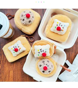 Plush toast coin purse close-up, cute plushie keychain toy detail view, kawaii food bag.
