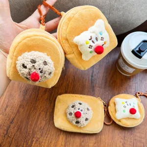 Cute plush toast coin purse keychain, soft cartoon food mini storage bag for women and girls.