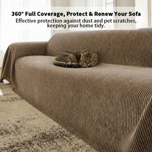 Detailed view of brown chenille vertical stripe sofa cover with a cozy cat resting on it.