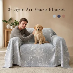 Nordic Style Triple Layer Gauze Sofa Throw Blanket Polyester Palm Leaves Print Breathable Couch Cover Protective Anti Scratch Blanket For Living Room Home Decor