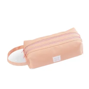Trousse à crayons en toile double couche grande capacité avec poignée rose pour école.