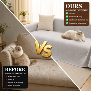 Detailed view of the pet sofa cover showing before and after comparison for better furniture protection.
