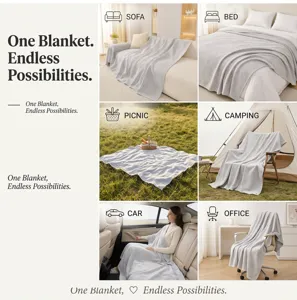Multifunctional grey blanket displayed in diverse daily scenarios like sofa, bed, and car.
