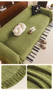 Textured chenille sofa cover detail showing soft fabric and fringe craft for living room decor.