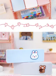 Cute cartoon pencil case set with rabbit and bear storage box for student stationery supplies.