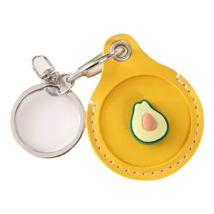 Yellow leather key case minimalist cute avocado charm card holder protector ring keychain