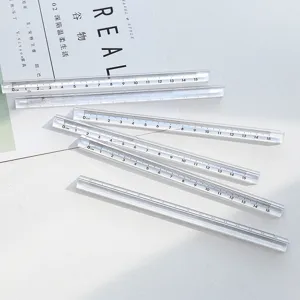 Transparent plastic triangular scale ruler set for student drawing, drafting, office and school use.