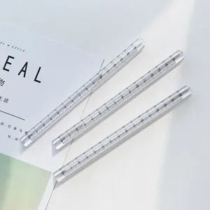 Transparent plastic triangular scale ruler for students, drawing, drafting, and office measuring.