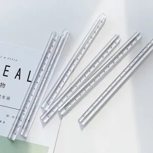 Transparent plastic triangular scale ruler set for student drawing, office and school use.