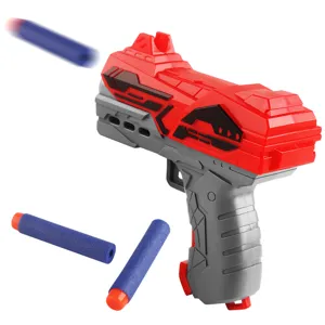 Children plastic soft bullet toy gun main image, red and grey portable blaster with foam darts.