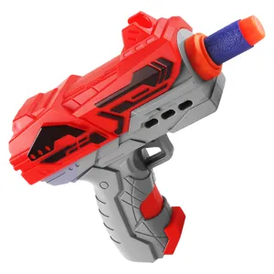 Mini soft bullet toy gun, red and grey interactive blaster with foam dart for kids gaming.