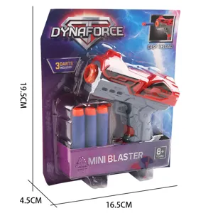 DYNAFORCE mini foam dart blaster toy set with 3 darts, plastic packaging, 8+ years old.