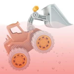 Kids wheat straw beach toy excavator, cute pastel bulldozer engineering vehicle main product view.