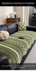 Green striped chenille sofa cushion cover for living room, comfortable and anti-slip fabric.