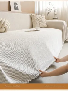 Sommer gestreifte Chenille Sofabezug ein Stück Couch Decke mit Quasten beige gemütlicher Schonbezug