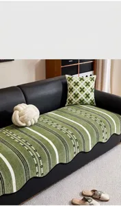 Green striped jacquard sofa cushion cover, textured anti-slip breathable slipcover for living room