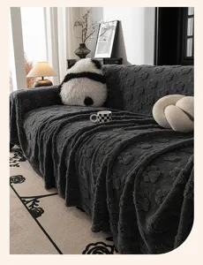 Dark gray plush sofa cover with cute paw print texture, soft cozy slipcover for living room