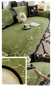 Green chenille sofa cushion cover with floral jacquard texture, anti-slip backing