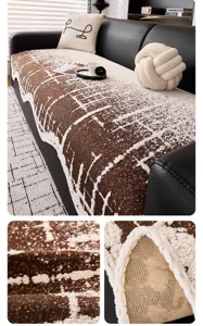 Detailansicht der strukturierten braun-weißen Jacquard-Sofabezug mit weichem Plüsch und Rücken.