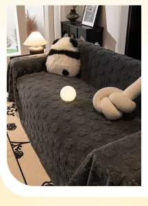 Dark grey plush sofa cover with cute paw print texture, soft chenille fabric for cozy living room.