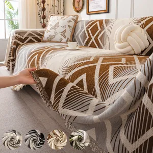 Chenille Sofa Cover Anti-Slip Sofa Towel Geometric Rhombus Pattern With Tassels Furniture Protector For Living Room Bedroom