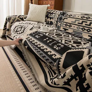 Nordic Chenille Sofa Cover Geometric Printed Throw Blanket Protective Four Seasons Slipcover Warm Jacquard Towel With Tassel Fringe For Living Room Couch Decor