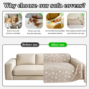 Jacquard sofa cover detail showing multi-functional protection against pets, dirt and stains.