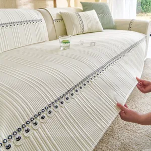 Creamy Style Cooling Ice Silk Sofa Cushion Cover Anti-Slip Striped Decorative Furniture Protector Washable Sofa Slipcover For Living Room